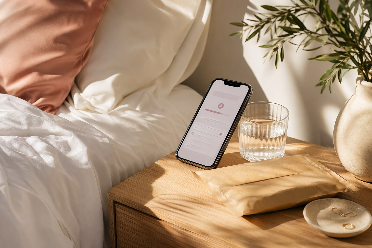 A private telehealth intake on a phone beside a discreet package and glass of water
